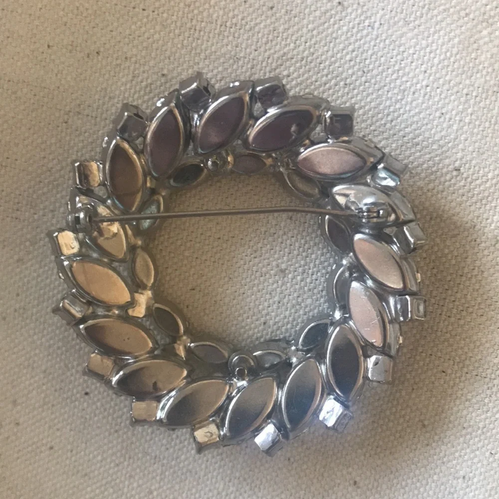 Vintage Rhinestone Christmas Wreath Brooch Clear Navette Stones  2 1/4” diameter